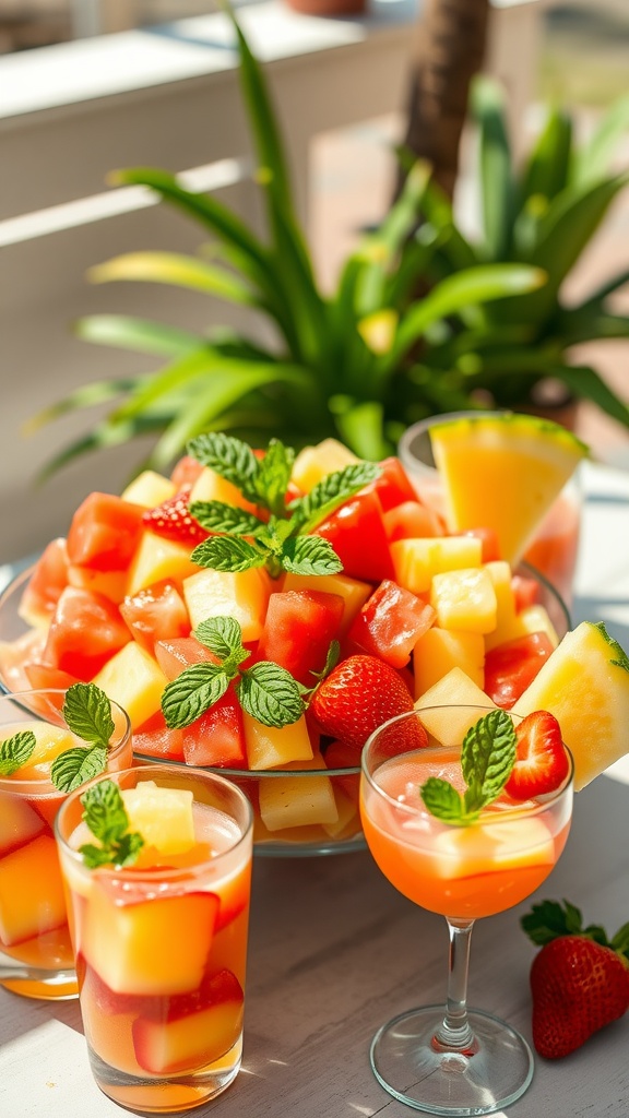 Tropical fruit salad cocktail with watermelon, pineapple, strawberries in a bowl, garnished with mint, served on an outdoor table.